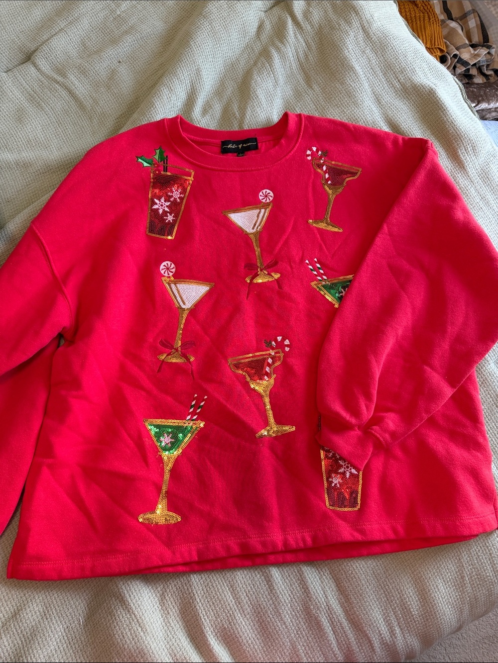 Holiday Cocktail Embroidered Sweatshirt - Bright Pink